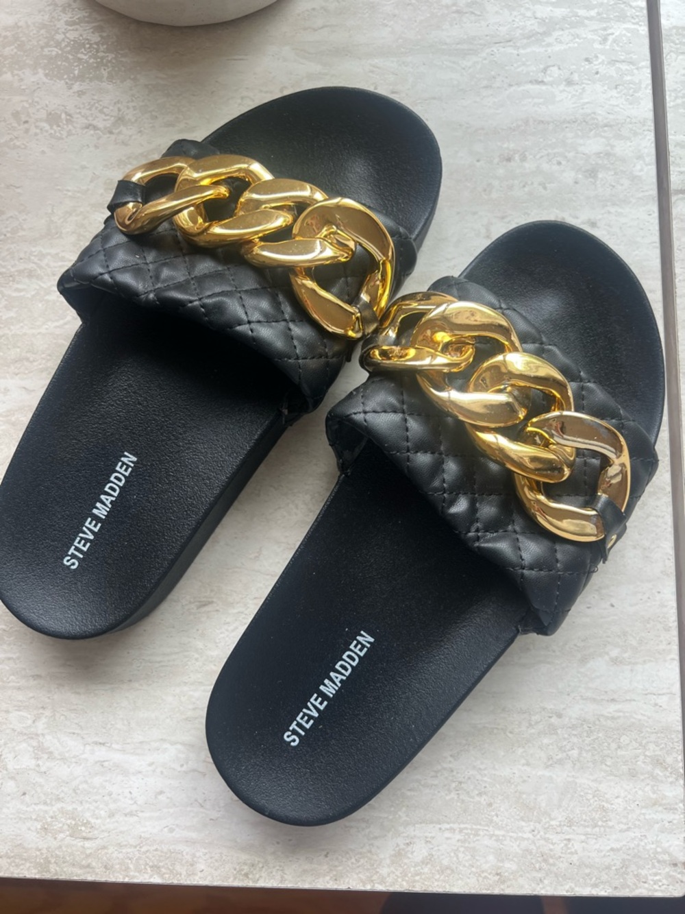 Steve Madden Black Quilted Slide Sandals with Chunky Gold Chain